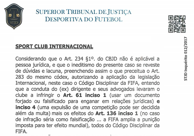 Trecho da decisão do relator do inquérito sobre falsificação de e-mails pelo Internacional no caso Victor Ramos - STJD 