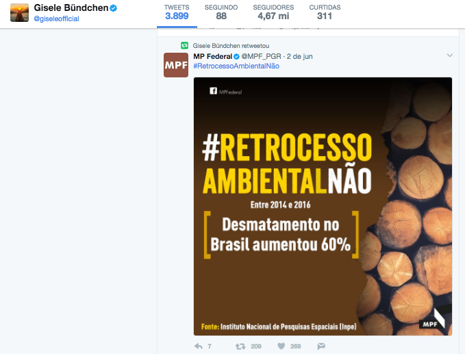 Twitter de Gisele Bündchen fala de MPs sobre demarcação de reservas no Pará- movimento #retrocessoambientalnao