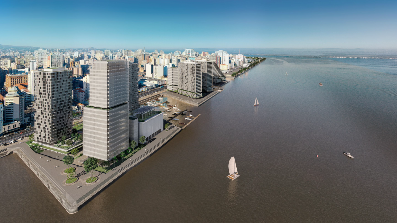 Projeção do que poderá se edificado no setor das Docas do Cais Mauá, conforme projeto referencial elaborado pelo Consórcio Revitaliza, contratado pelo BNDES